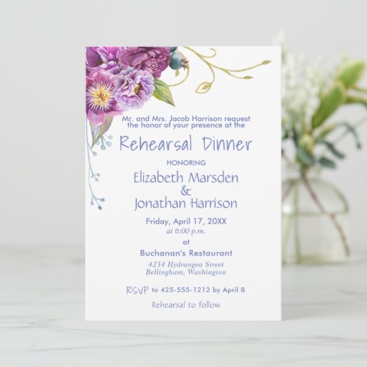 Elegant Paars Peonies Floral Rehearsal Dinner Kaart (Staand voorkant)