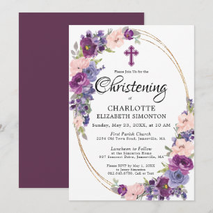 Elegant Paars Pink Floral Gold Lijst Christening Kaart