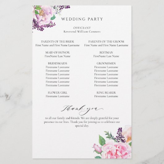 Elegant Paars Pink Floral Wedding Programme (Achterkant)