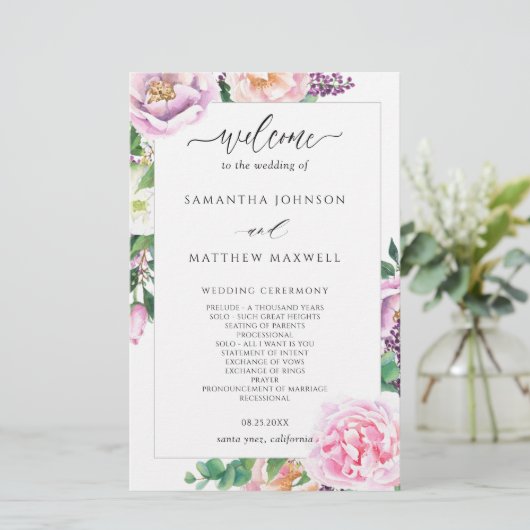 Elegant Paars Pink Floral Wedding Programme (Staand voorkant)