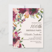 Elegant Paars Pink Gold Floral 100e verjaardag Kaart (Voorkant)