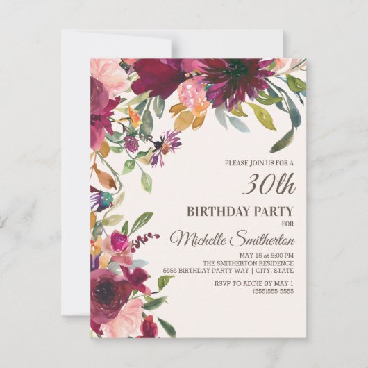 Elegant Paars Pink Gold Floral 30th Birthday Kaart (Voorkant)