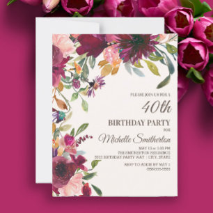 Elegant Paars Pink Gold Floral 40th Birthday Kaart