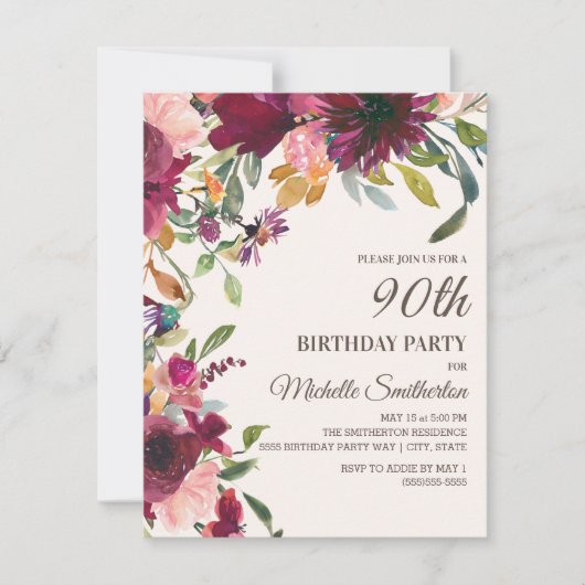 Elegant Paars Pink Gold Floral 90e verjaardag Kaart (Voorkant)