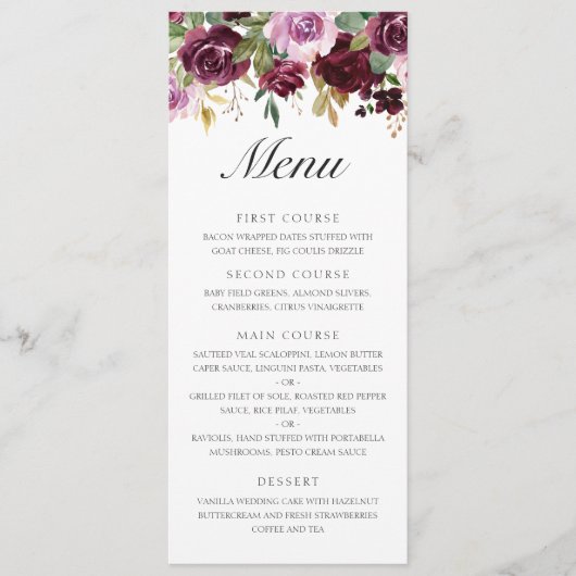 Elegant Paars Plum Waterverf Floral Fall Wedding Menu (Voorkant)