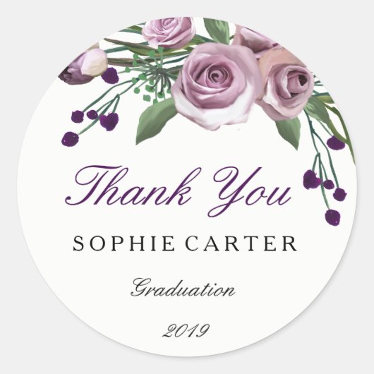 Elegant Paars Roos Afstuderen Dank u Sticker (Voorkant)