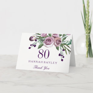 Elegant Paars Roos Floral 80ste verjaardag Harteli Bedankkaart