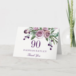 Elegant Paars Roos Floral 90ste verjaardag Dank je Bedankkaart