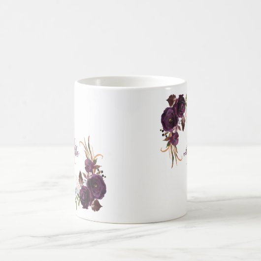 Elegant Paars Roos Floral Name Monogram Mok (Center)