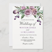 Elegant Paars Roos Floral Wedding Invite Kaart (Voorkant)