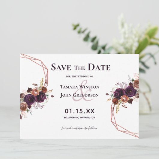 Elegant Paars Roos Gold Floral Geometric Wedding Save The Date (Staand voorkant)