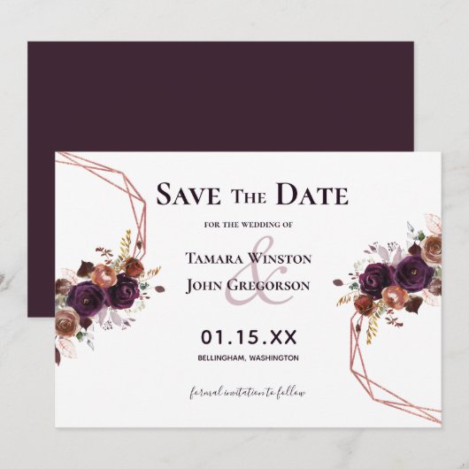 Elegant Paars Roos Gold Floral Geometric Wedding Save The Date (Voorkant / Achterkant)