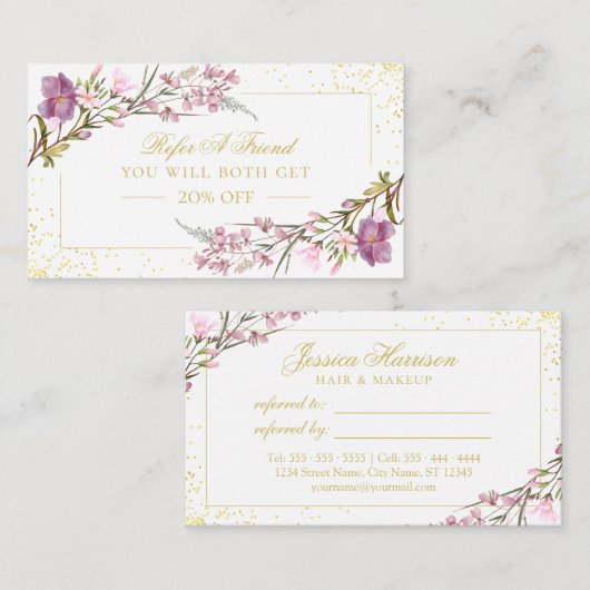 Elegant  Paars Roze Bloemen Referral Kaart (Voorkant / Achterkant)