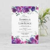 Elegant Paars Roze Bloemige Waterverf Bruiloft Kaart (Staand voorkant)