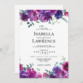 Elegant Paars Roze Bloemige Waterverf Bruiloft Kaart (Voorkant / Achterkant)