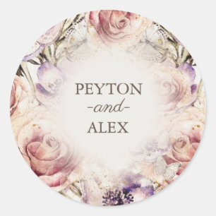 Elegant Paars roze crème Floral Butterflies Namen Ronde Sticker