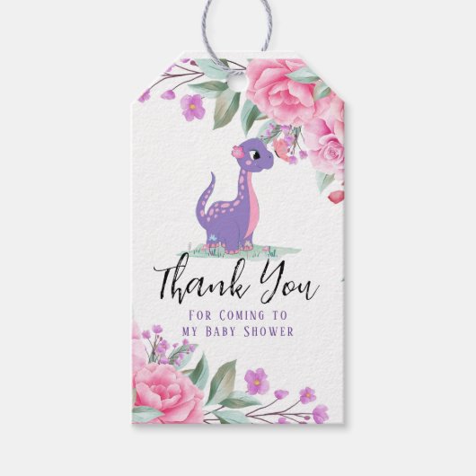 Elegant Paars Roze Dinosaur Butterfly Baby shower Cadeaulabel (Voorkant)