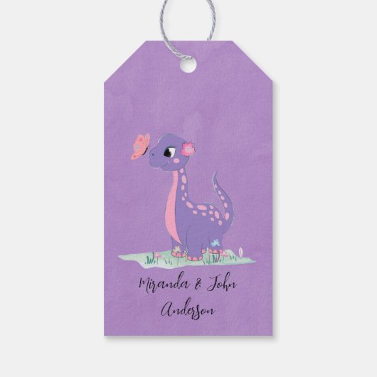 Elegant Paars Roze Dinosaur Butterfly Baby shower Cadeaulabel (Achterkant)