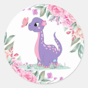 Elegant Paars Roze Dinosaur Butterfly Baby shower Ronde Sticker