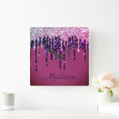Elegant Paars roze druppelaar Glitter Monogram Vierkante Klok (Huis)