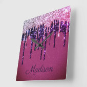 Elegant Paars roze druppelaar Glitter Monogram Vierkante Klok (Hoek)