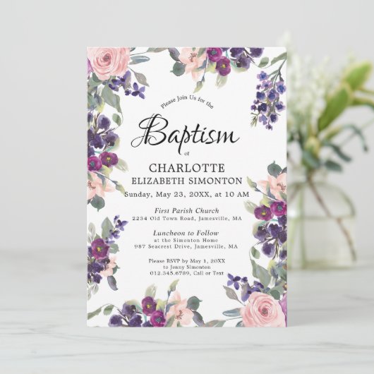 Elegant Paars roze Floral Baptisme Kaart (Staand voorkant)
