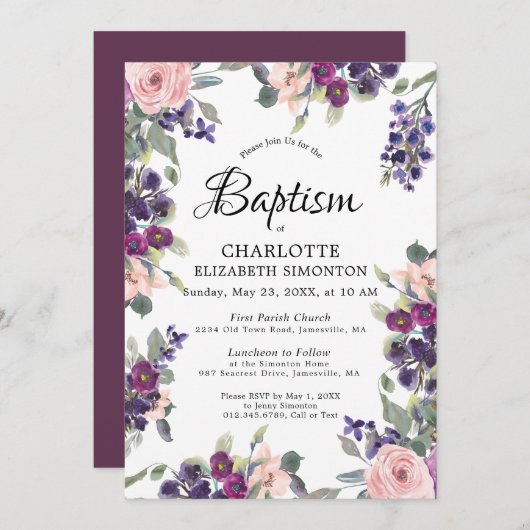 Elegant Paars roze Floral Baptisme Kaart (Voorkant / Achterkant)