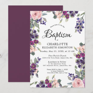 Elegant Paars roze Floral Baptisme Kaart
