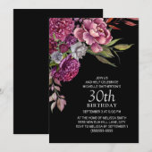 Elegant Paars roze Floral Black 30th Birthday Kaart (Voorkant / Achterkant)