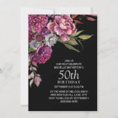 Elegant Paars roze Floral Black 50th Birthday Kaart (Voorkant)