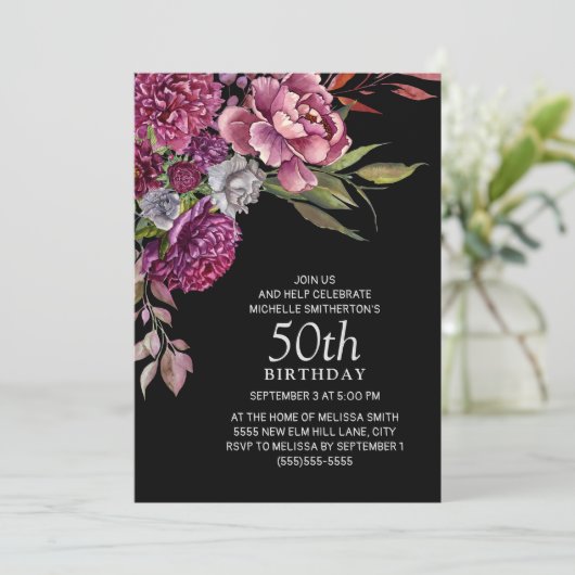 Elegant Paars roze Floral Black 50th Birthday Kaart (Staand voorkant)