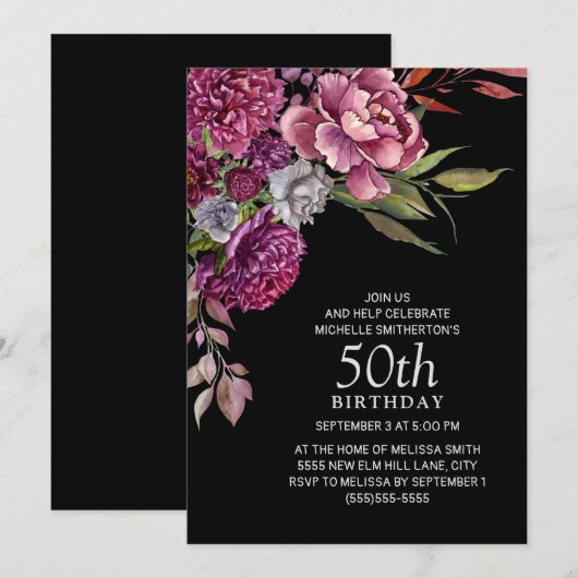 Elegant Paars roze Floral Black 50th Birthday Kaart (Voorkant / Achterkant)