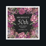 Elegant Paars roze Floral Black 50th Birthday Servet<br><div class="desc">Elegant zwarte 50e verjaardagsfeestje,  aangepast papier voor vrouwen met paarse en roze waterverf bloemen en bladeren. Gepersonaliseerd met de naam van de gast van eer,  haar leeftijd en haar feestdatum. Neem contact met mij op voor hulp bij aanpassingen of voor het aanvragen van matching of het coördineren van Zazzle-producten.</div>
