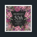 Elegant Paars roze Floral Black 50th Birthday Servet<br><div class="desc">Elegant zwarte 50e verjaardagsfeestje,  aangepast papier voor vrouwen met paarse en roze waterverf bloemen en bladeren. Gepersonaliseerd met de naam van de gast van eer,  haar leeftijd en haar feestdatum. Neem contact met mij op voor hulp bij aanpassingen of voor het aanvragen van matching of het coördineren van Zazzle-producten.</div>