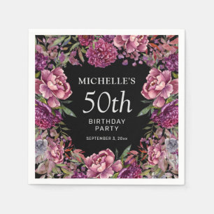 Elegant Paars roze Floral Black 50th Birthday Servet