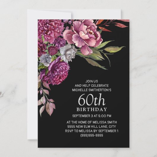Elegant Paars roze Floral Black 60th Birthday Kaart (Voorkant)