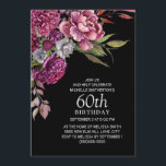 Elegant Paars roze Floral Black 60th Birthday Kaart<br><div class="desc">Elegant zwarte 60e verjaardagsfeestdag voor vrouwen met paarse en roze waterverf bloemen en bladeren. Neem contact met mij op voor hulp bij aanpassingen of voor het aanvragen van matching of het coördineren van Zazzle-producten.</div>