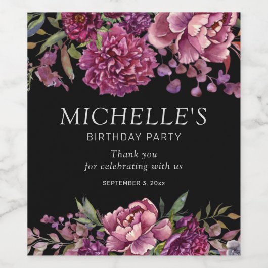 Elegant Paars roze Floral Black Birthday Wijn Etiket (Enkel label)