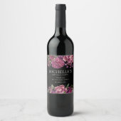 Elegant Paars roze Floral Black Birthday Wijn Etiket (Voorkant)