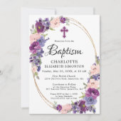 Elegant Paars Roze Floral Gold Lijst Baptisme Kaart (Voorkant)