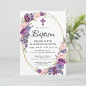 Elegant Paars Roze Floral Gold Lijst Baptisme Kaart (Staand voorkant)