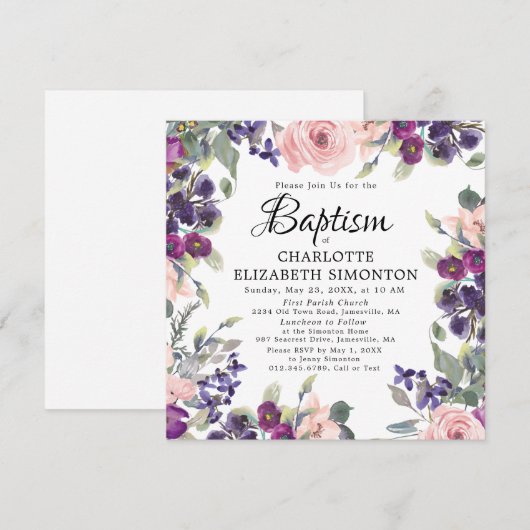 Elegant  Paars Roze Floral Square Baptisme Kaart (Voorkant / Achterkant)