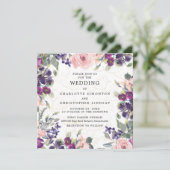 Elegant Paars roze Floral Square Weddenschap Kaart (Staand voorkant)