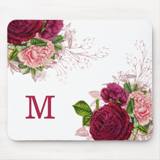 Elegant Paars Roze Floral White Monogram Muismat (Voorkant)
