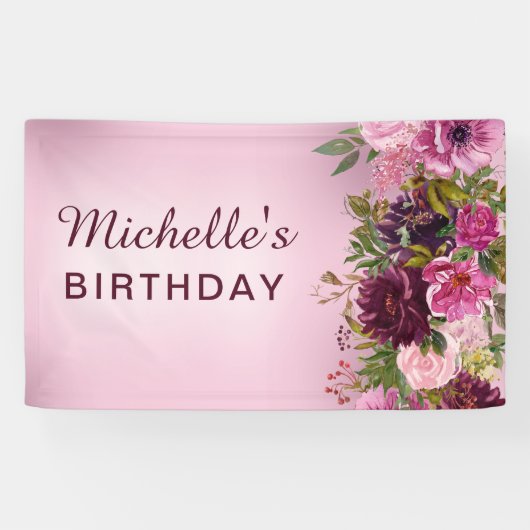 Elegant  Paars Roze Florenz Rozen Birthday Spandoek (Horizontaal)