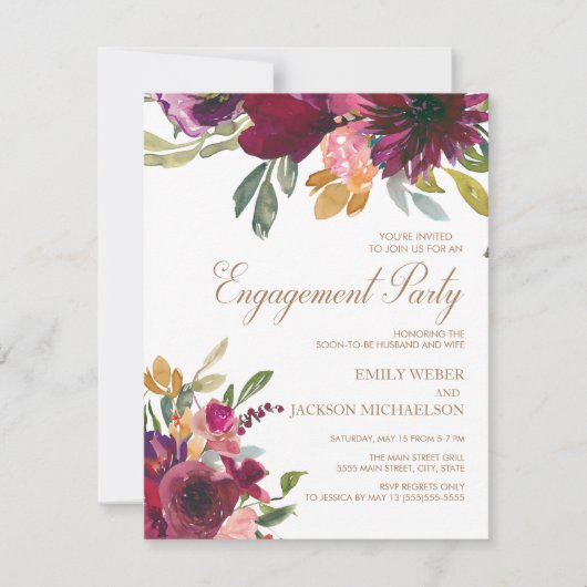 Elegant Paars Roze Gold Floral Script Verloving Kaart (Voorkant)