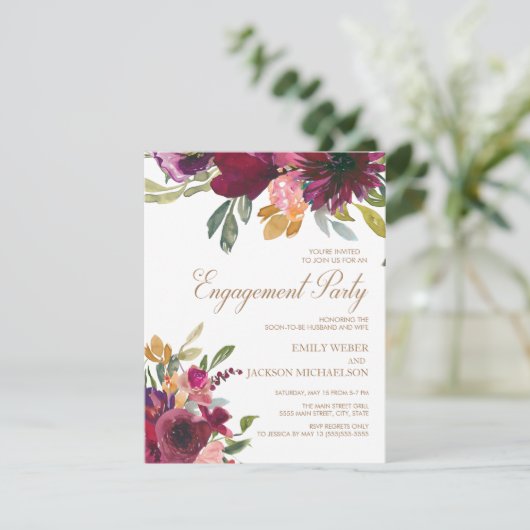 Elegant Paars Roze Gold Floral Script Verloving Kaart (Staand voorkant)