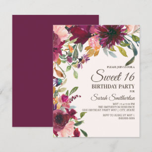 Elegant Paars Roze Goud Bloemig Script Sweet 16 Kaart