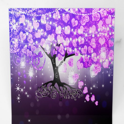 Elegant Paars-roze hartrecht met drievlak Drieluik Uitnodiging (Binnenzijde eerst)