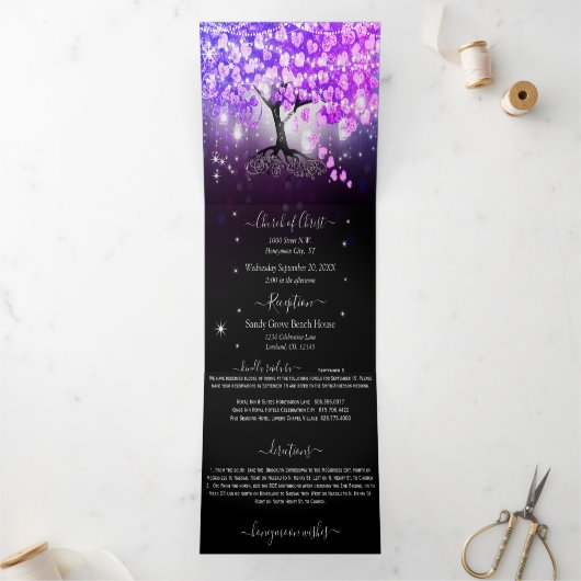 Elegant Paars-roze hartrecht met drievlak Drieluik Uitnodiging (Binnen)